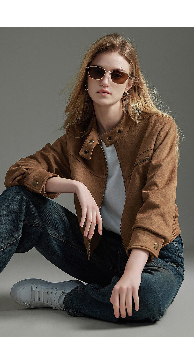 Dme [Wake Up Wild] Autumn Motorcycle Style Stand Collar Faux Suede with Split Line Elastic Hem Jacket for Women, Short Style 11