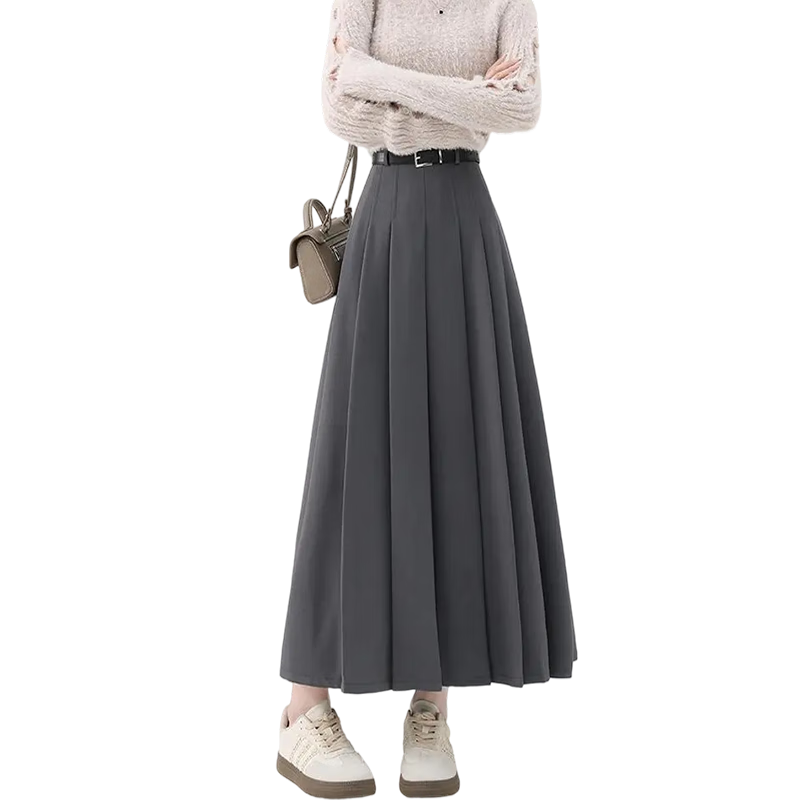 Ziyouxi Gray High-Waisted A-Line Pleated Skirt for Women, New Autumn 2026 Formal Dress, Slimming Mid-Length Suit Skirt
