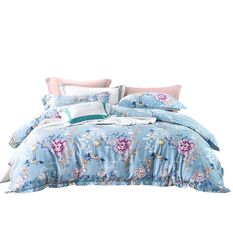 Fuanna 60s Long-Staple Cotton 4-Piece Bedding Set Pure Cotton Printed Sheet and Duvet Cover Double Extra Large 230x229cm Blue