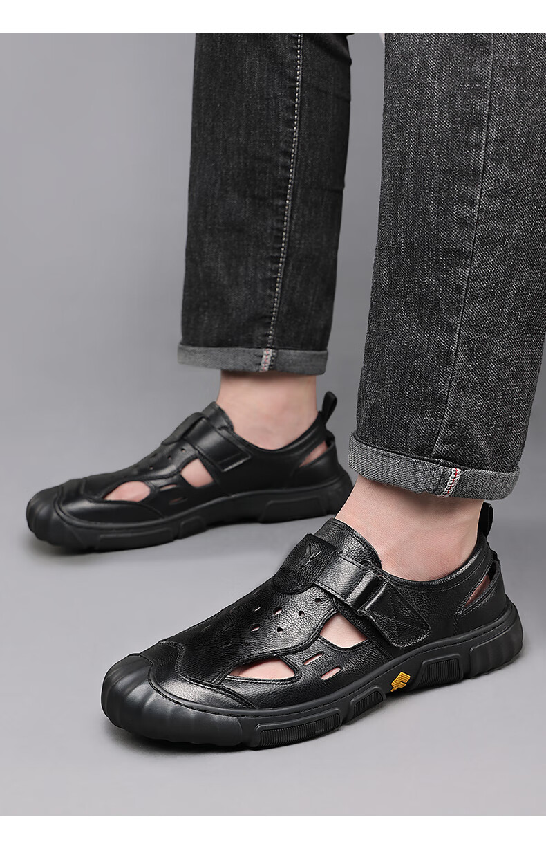 Playboy Men's First Layer Cowhide Hollowed Out Sandals Open Toe Genuine Leather Business Middle-aged and Elderly Dad Sandals Black Size 42 7
