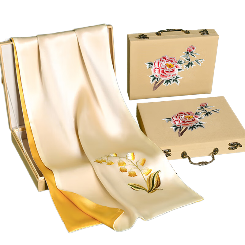 Hangsilu Suzhou Embroidery Silk Scarf for Women, High-Quality Mulberry Silk Scarf with Exquisite Embroidery, Gift Box for Holidays, Birthday Present for Mom And Elders
