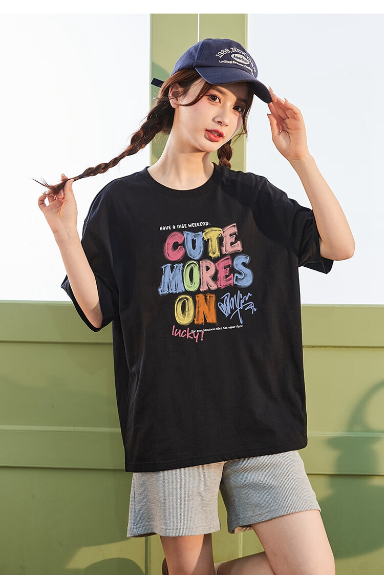 TonLion 2025 Women's Crew Neck Graffiti Text Cotton Short Sleeve T-Shirt Apricot Batch S 11