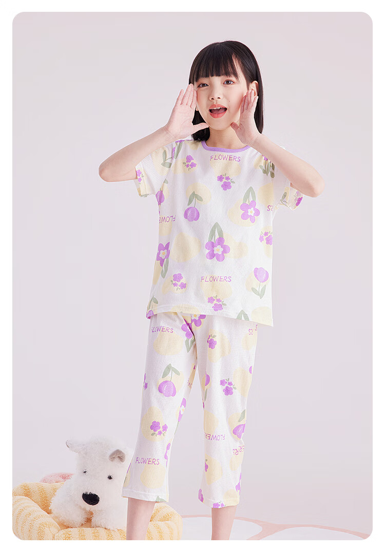 DEESHA Girls' Pajamas, Spring And Summer Thin Mesh Breathable Antibacterial Pure Cotton Air Conditioning Wear, for Older Children's Home Wear Set 2
