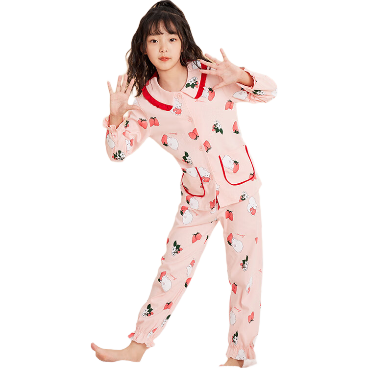 Hodo Children's Pajamas, Girls' Home Wear Set, Pure Cotton Long-Sleeve Pants, Peter Pan Collar, Princess Style J3194, Pink, Size 140