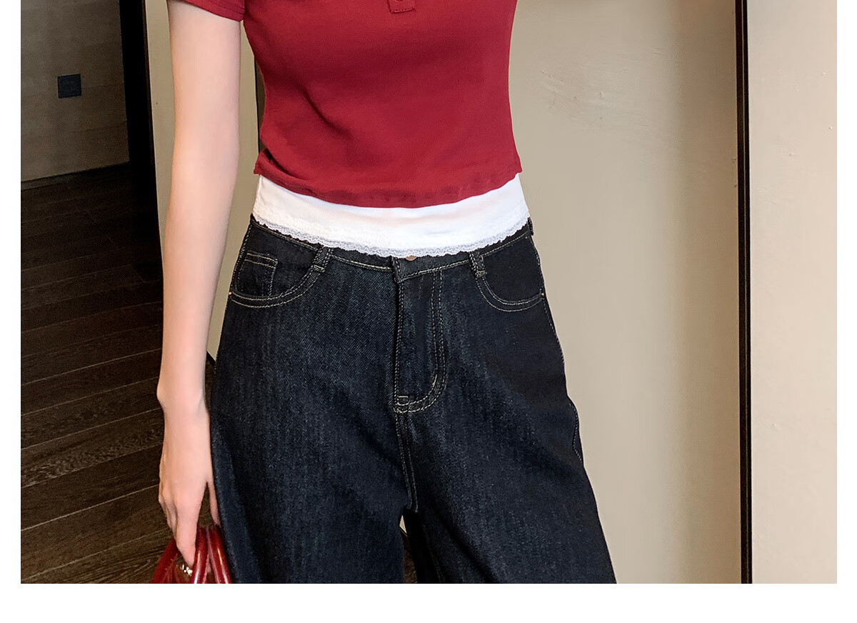Halo Queen Women's Short-Sleeve T-Shirt, Round Neck, Red And White Contrasting Color Lace Splicing, Slim-Fit Embroidered Bow Waist-Cinching Slimming H52T076 11