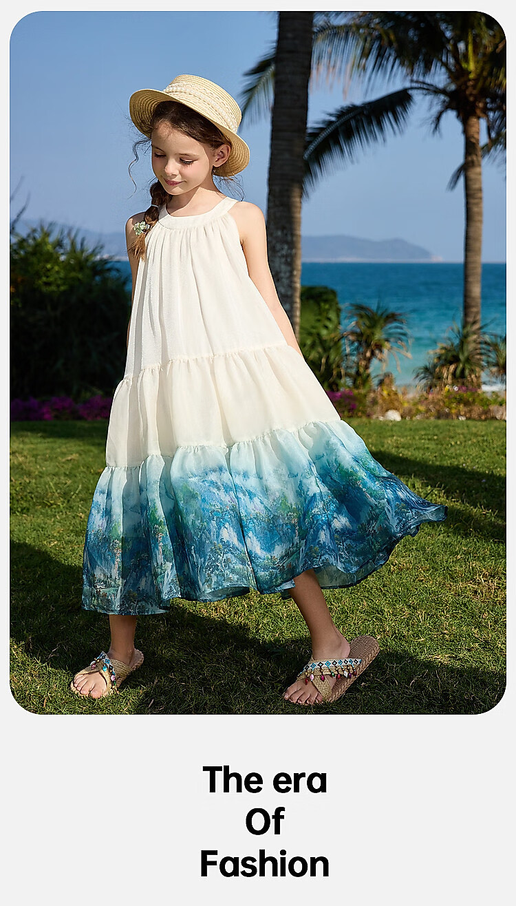 ASK JUNIOR Children's Summer Ink Wash Tie-Dye Dress Girls Vacation Style Spaghetti Strap Princess Dress 13