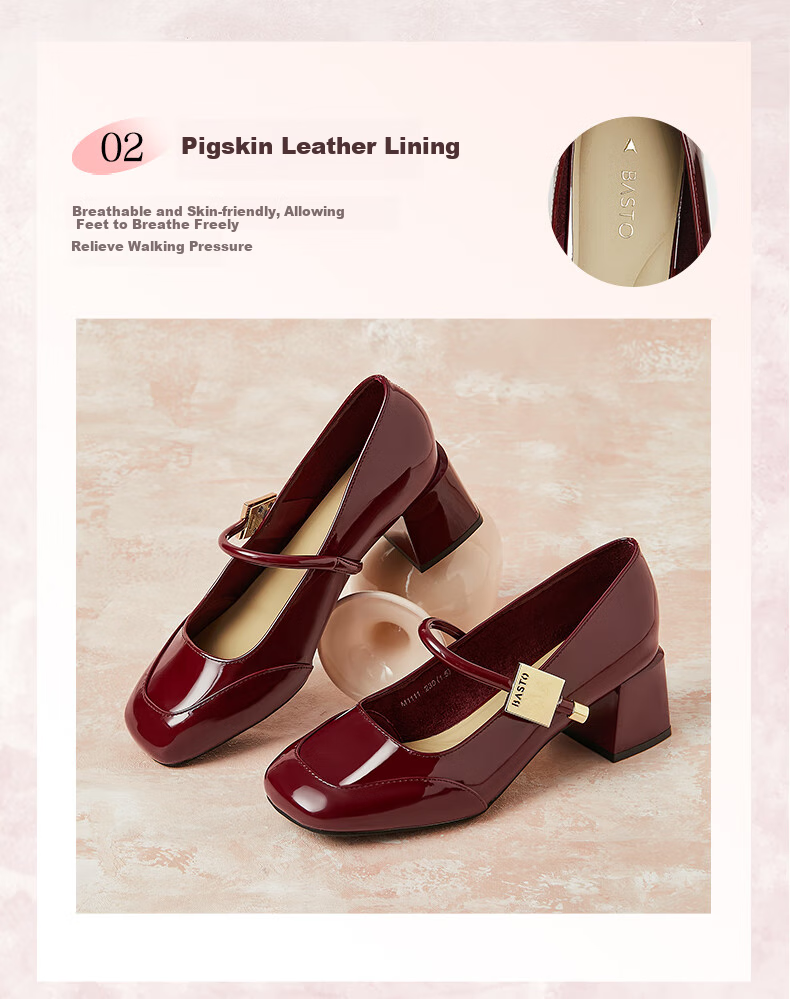 BASTO [Qiao Xin Same Style] Monet Garden 26 Autumn Beautiful Red Mary Jane Shoes, Women's Flats, Wedding Shoes 21