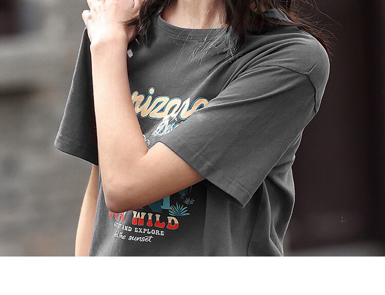 Dme [Vintage Floral Print T-Shirt], Summer Style, Grayish Blue Round Neck Decorative Short-Sleeve T-Shirt for Wome 24