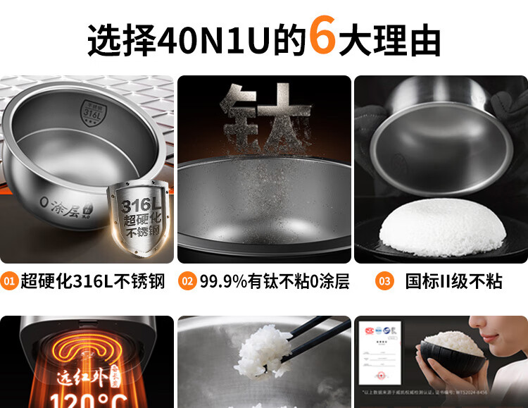 Joyoung Space Series Home Use 2024 Model, 0 Coating 4L Uncoated Rice Cooker, 316L Stainless Steel Inner Pot, Electric Rice Cooker 40N1U 1