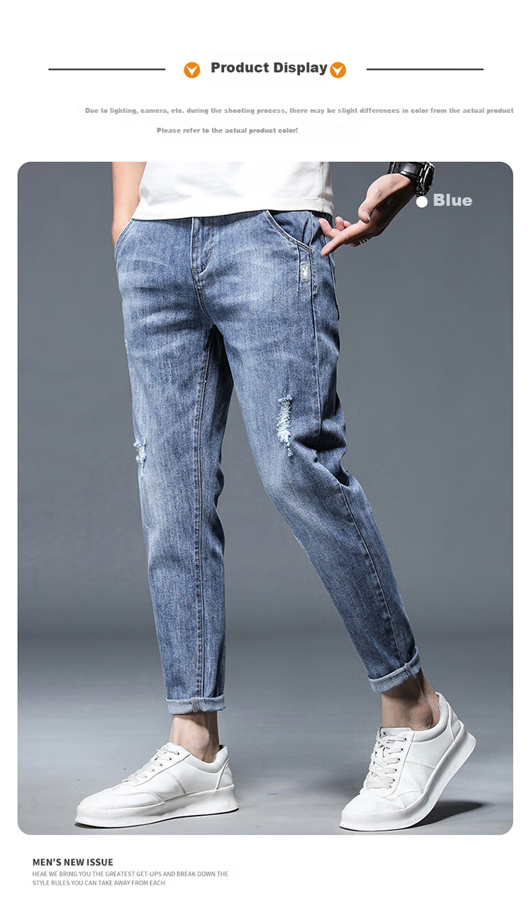PLAYBOY Men's Jeans, Ripped, Spring And Summer Pants, Straight-Leg Trousers, Casual Slim-Fit Nine-Tenths Men's Pants, Blue, Size 32 6