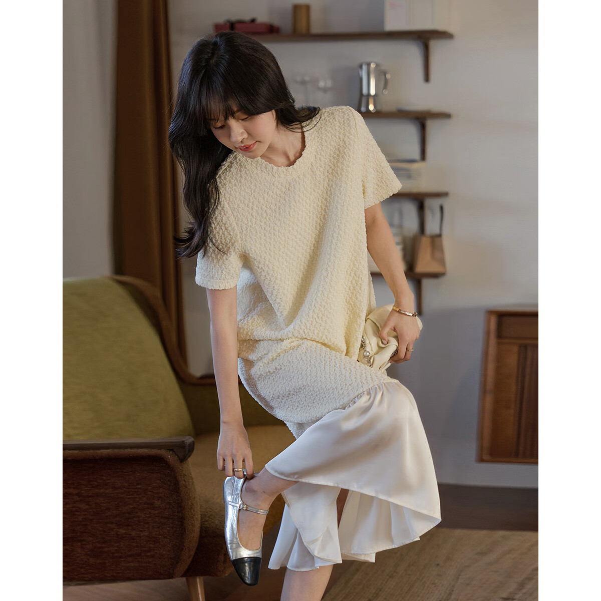 MT Oil Painting Gardenia Spring Gentle Wrinkle Texture Satin Patchwork Slimming Short Sleeve Mid-Length Dress for Women