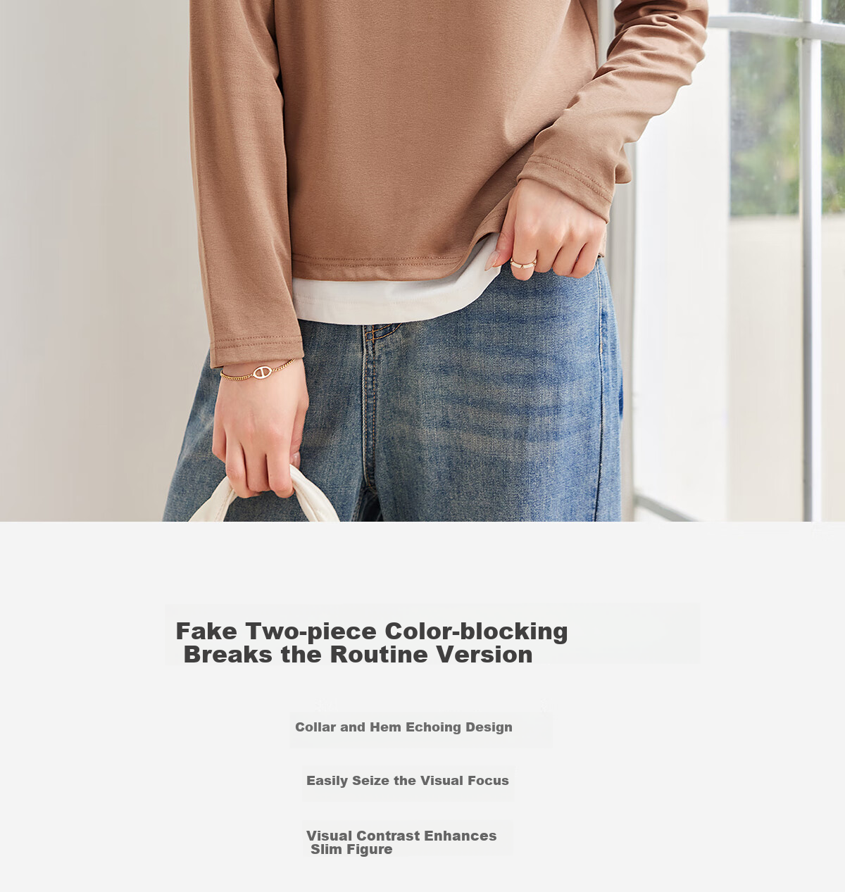 Taxiang Long-Sleeve T-Shirt for Women, Wilderness Maillard Small V-Neck Faux Two-Piece Top T-Shirt Spring Autumn Contrasting Color Base Shirt T143T2042 13