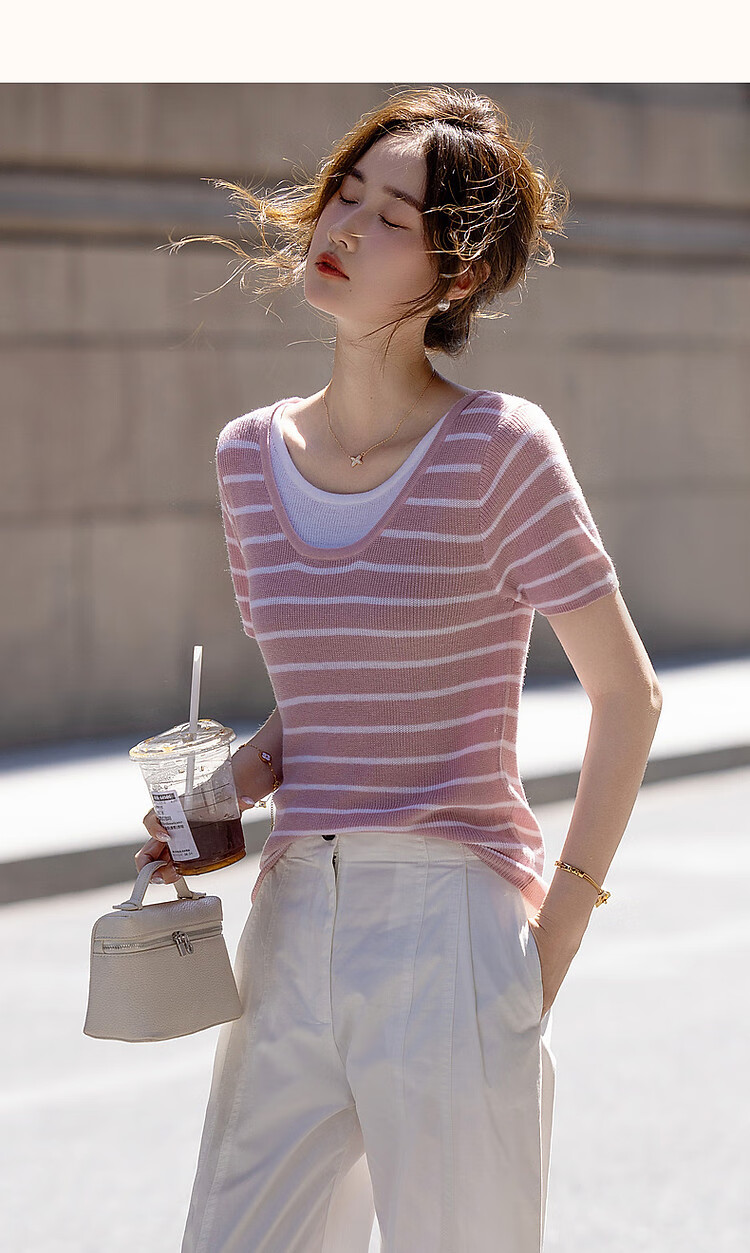 Dme [Xianxiao Philosophy] Spring And Autumn High-Wise Sensation Faux Two-Piece Striped Sweater, Elastic Comfortable Concealing Knit Top for Wome 9