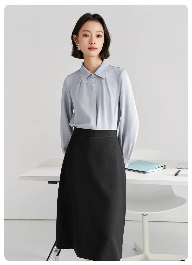 Bodexiaojie White Blouse for Women, Professional Commute Straight Shoulder Top, Petite Elegant Outfit, Formal Shirt 24