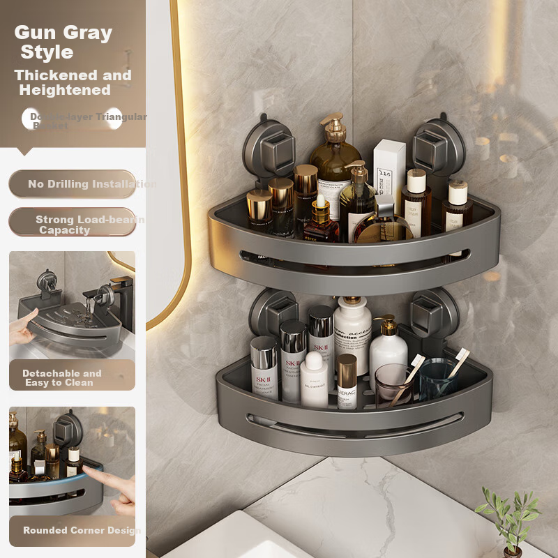 YOUQIN Bathroom Storage Rack, Gun Gray Color, Suction Cup, No Drilling Required, Wall-Mounted Triangle Storage Basket