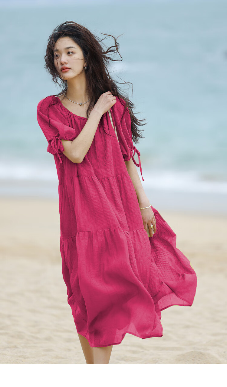 Dme Relaxed Fit Round Neck Long Dress Summer Vacation Fabric Textured Sleeve Cuff Drawstring Design Dress 5