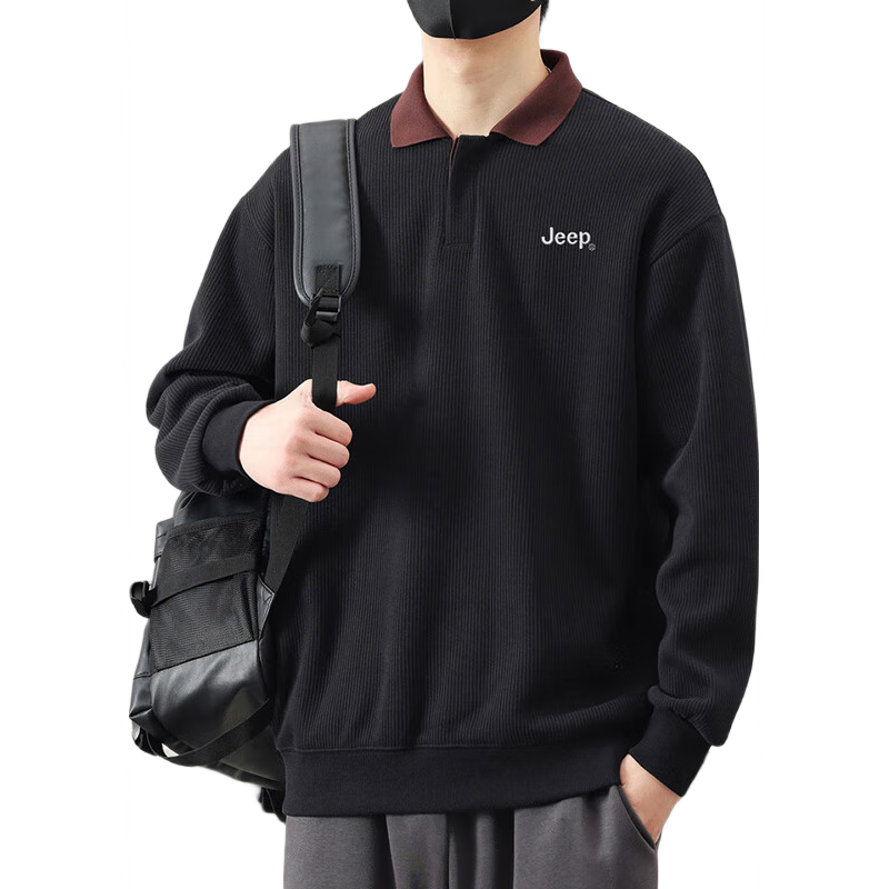 JEEP Men's Sweatshirt, Spring And Autumn Heavyweight Polo Collar Long Sleeve Casual Top, Black, 4XL