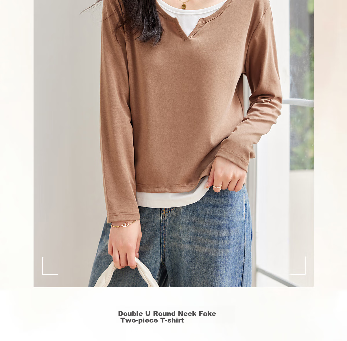 Taxiang Long-Sleeve T-Shirt for Women, Wilderness Maillard Small V-Neck Faux Two-Piece Top T-Shirt Spring Autumn Contrasting Color Base Shirt T143T2042 1