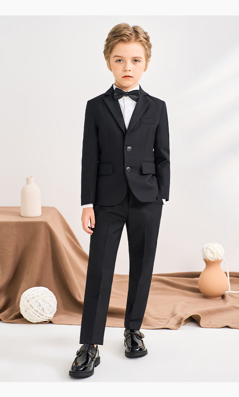 Romon Kids Suit Set Spring Autumn Boys Host Tuxedo Flower Boy Performance Outfit Black 170 23