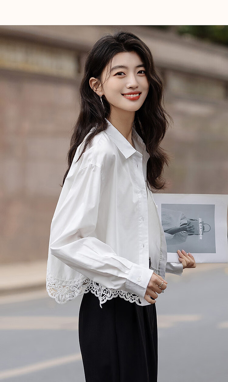 Dme [Moonlight Night Song] Spring And Autumn Gentle Pure Cotton Shirt with Lapel, Lace Trim, Patchwork Short Blouse Women's Top 10