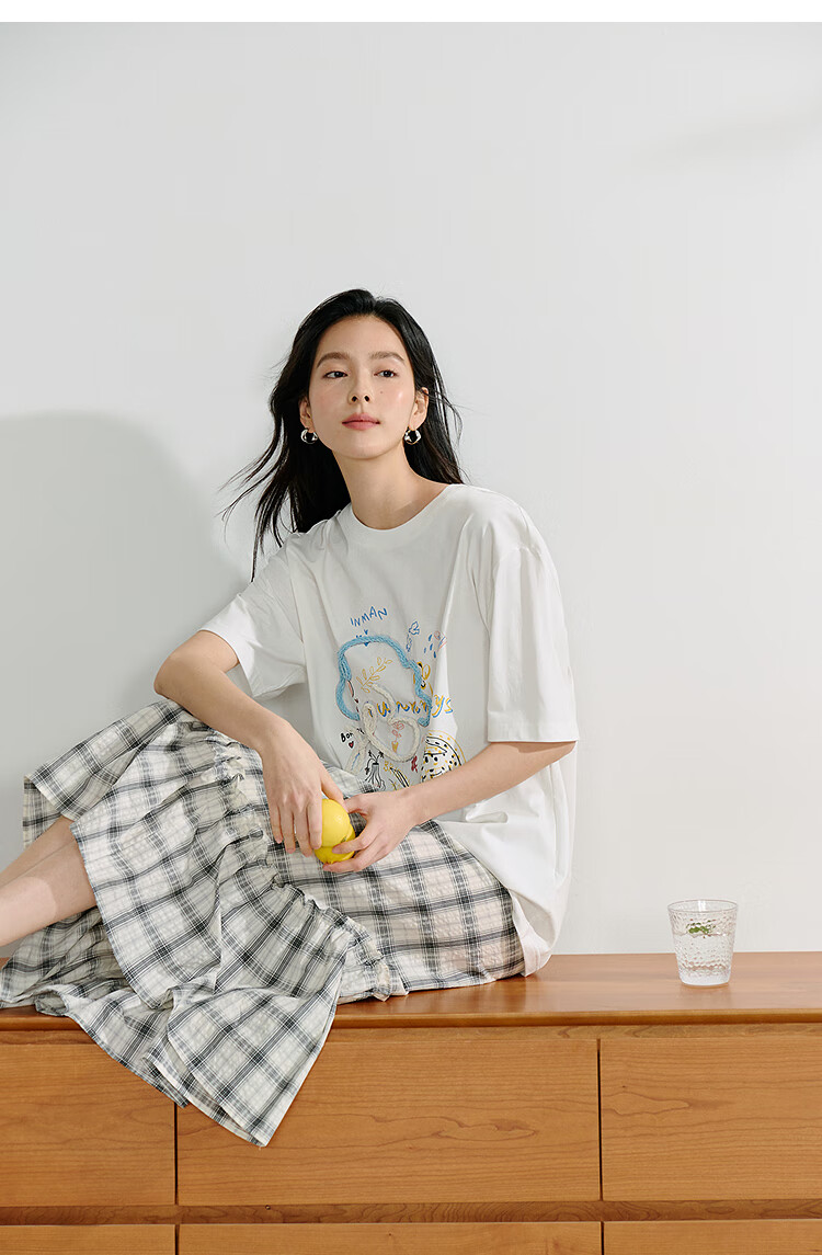 INMAN [Same As in Show] Cotton Cat Print Round Neck Short Sleeve T-Shirt for Women, Summer 2026 Top, Off-White, Size S 21