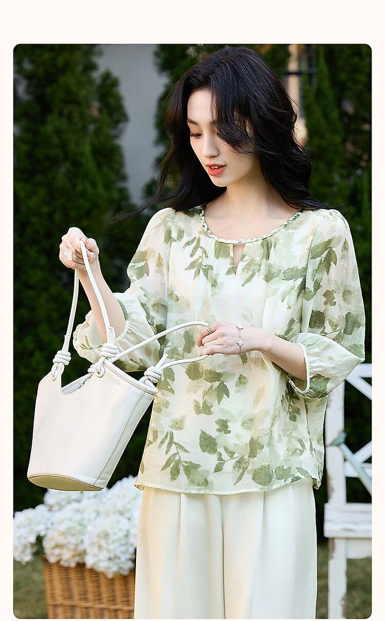 Dme [Zhi Ci Qinglu] Summer Artistic Style Lyocell Printed Shirt, Natural Comfortable Flowy Blouse, Women's Top 2