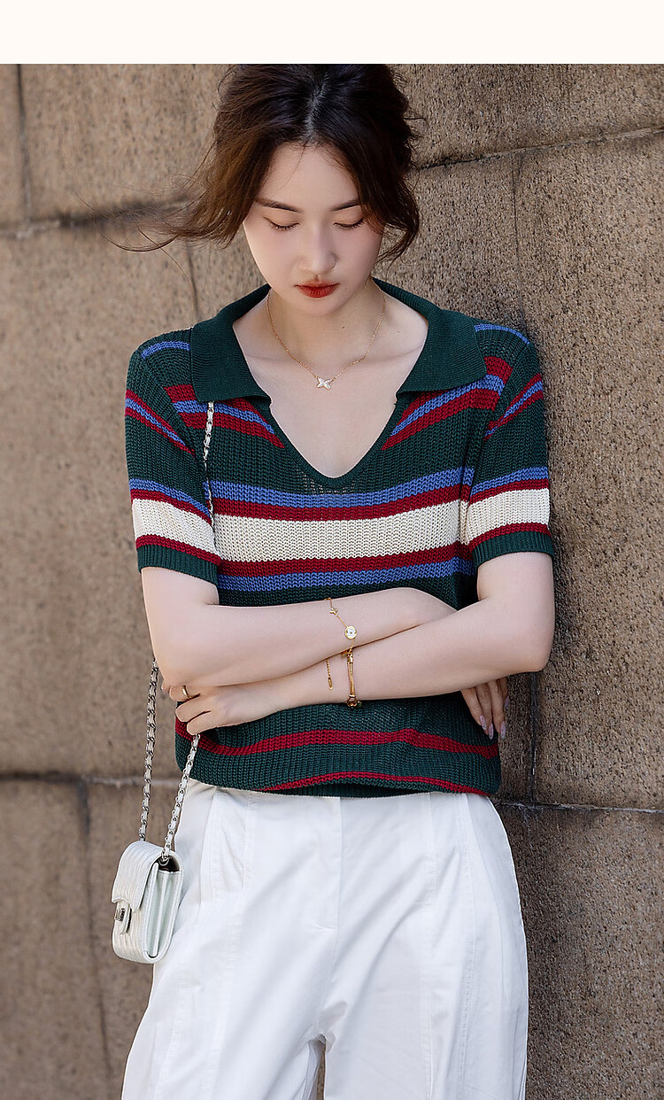 Dme [Tangguo Duoban] Summer Youthful Cool Ice Silk Contrasting Striped V-Neck Sweater Women's Top 11