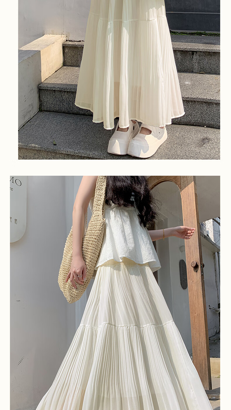 BOPRUIEY Pleated Chiffon Skirt for Women, Summer High-Waist Draping Gentle Elegant A-Line White Long Skirt 12