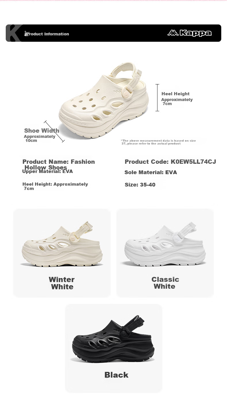 Kappa Official Women's Breathable Hole Shoes Sandals Casual Sports Outdoor Slippers Women's Classic White 37-38 25