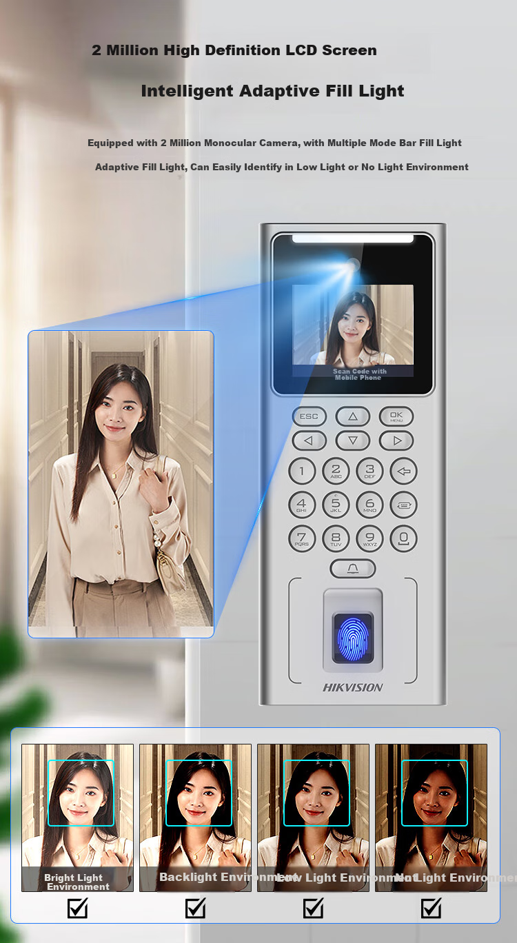 HIKVISION Attendance Machine And Access Control All-In WiFi Version, 2.4-Inch Facial Recognition And Fingerprint Smart Clock-In Device, Mask Detection, White Light Fill-In D14 PLUS 5