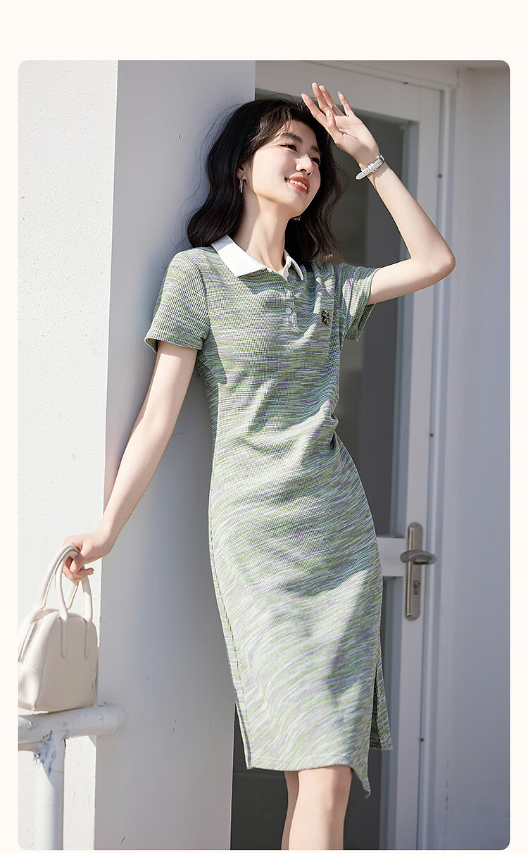 Demana [With Cloud Cotton] Summer Smart Color-Block Polo Collar Pleated Waist Color Yarn Knit Women's Dress 3