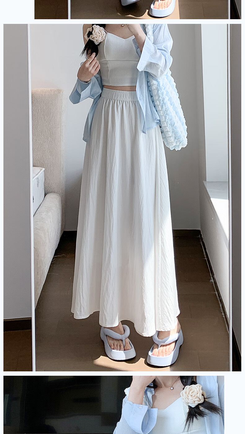 Langsha Women's Summer High-Waist Draped A-Line Skirt Loose Comfortable Elastic Waist Casual Slimming Skirt 13