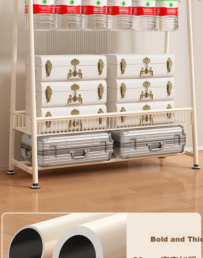 BIX Floor-Standing Clothes Rack for Bedroom, Home Drying Rack, Simple Coat And Hat Stand, Indoor Balcony Floor Pole with Basket, 1.2m White 11
