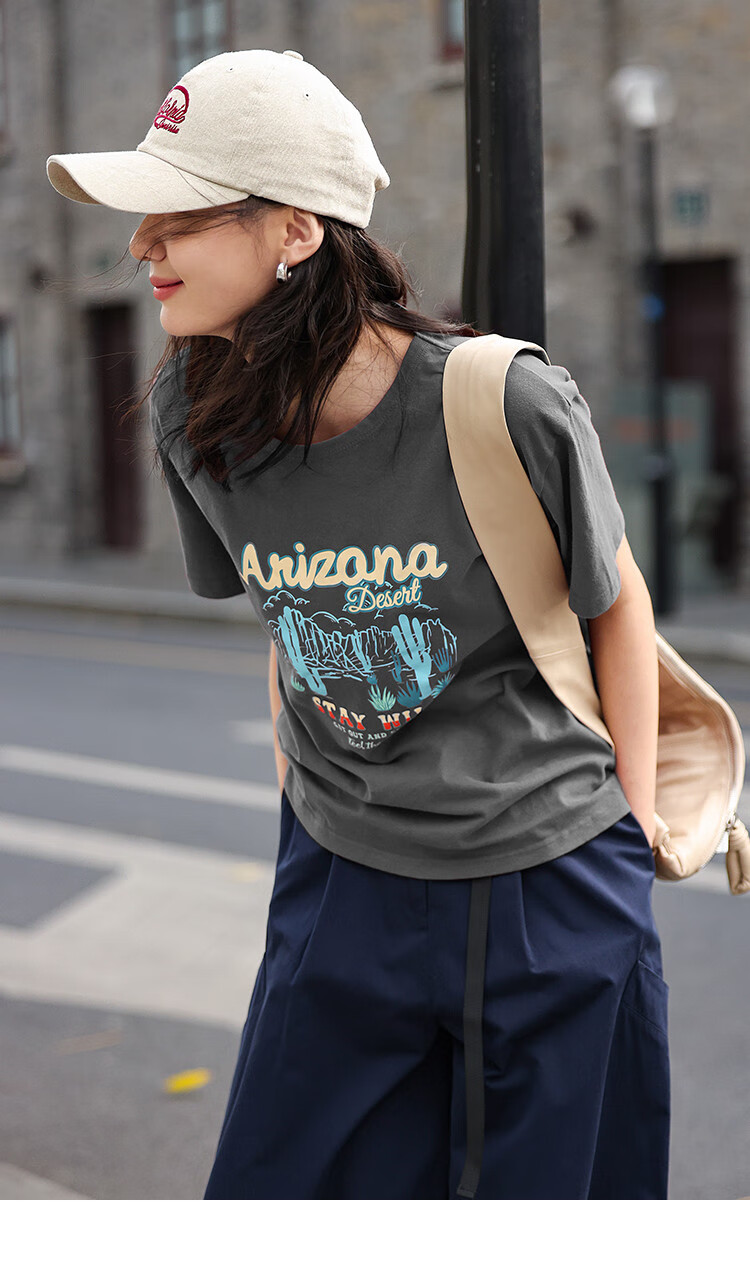 Dme [Vintage Floral Print T-Shirt], Summer Style, Grayish Blue Round Neck Decorative Short-Sleeve T-Shirt for Wome 15