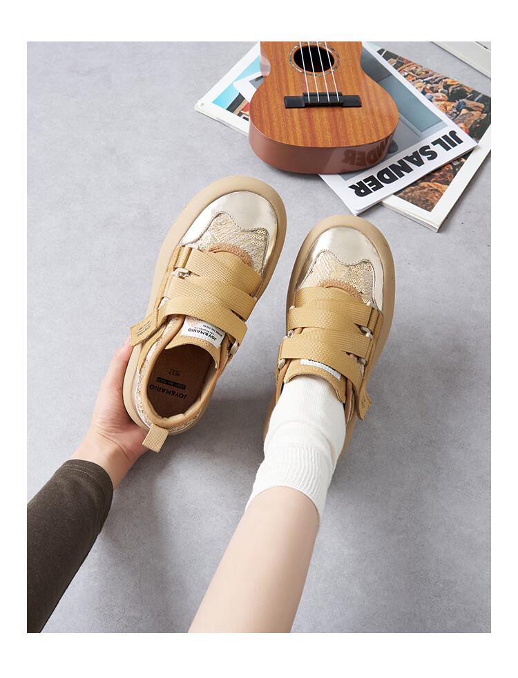 J&M Loafers for Women, Autumn Black, Velcro Thick-Soled Casual Versatile Fashionable Flats, Apricot Color, Size 36 8