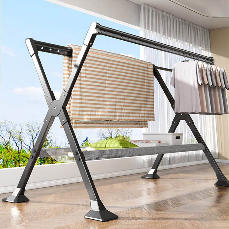 Baoyouni Folding Clothes Drying Rack, Floor-Standing Household Hanger for Clothes And Quilts, Balcony Drying Rod, Aluminum Alloy with Wind-Resistant Foot Pads