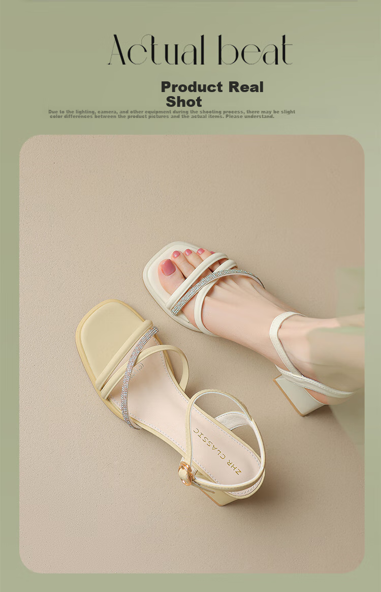 ZHR Chunky Heel Sandals for Women, Summer Elegant Rhinestone Single-Strap Women's Shoes, Versatile Square-Toe Women's Footwear, JF15, Beige, Size 38 11