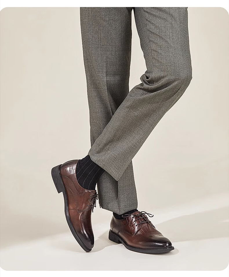 Aokang Men's Shoes Spring And Autumn British Fashion Business Formal Leather Shoes Comfortable Groom Wedding Shoes Brown [Plaid Style] Size 42 1