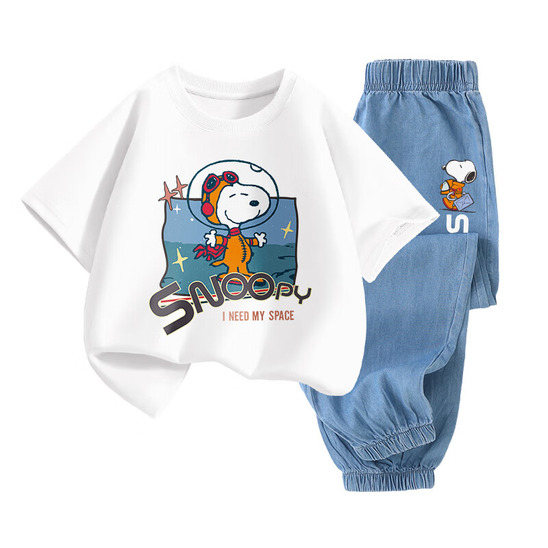 SNOOPY Boys And Girls Short-Sleeve T-Shirt And Jeans Two-Piece Set Children's Short-Sleeve Outfit White Astronaut + Dark Blue Space 110