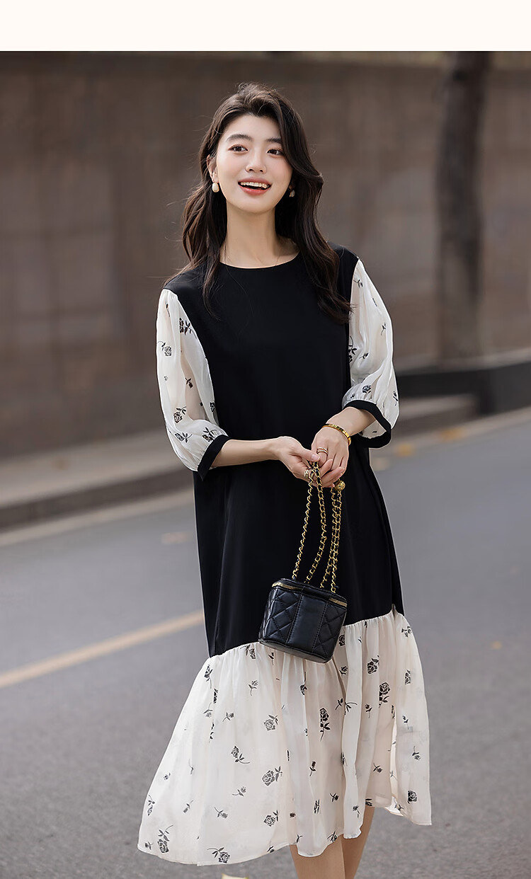 Demana [Smooth 80D Slub] Summer Elegant Loose Waist Ruffle Hem Printed Colorblock Women's Dress 15