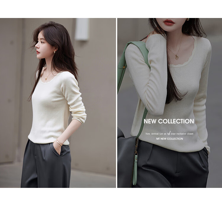 Mt [Simple Wavy Edge] Autumn Fashion Classic Simple Comfortable Pullover Long-Sleeve Knit Sweater for Women, White, M 4