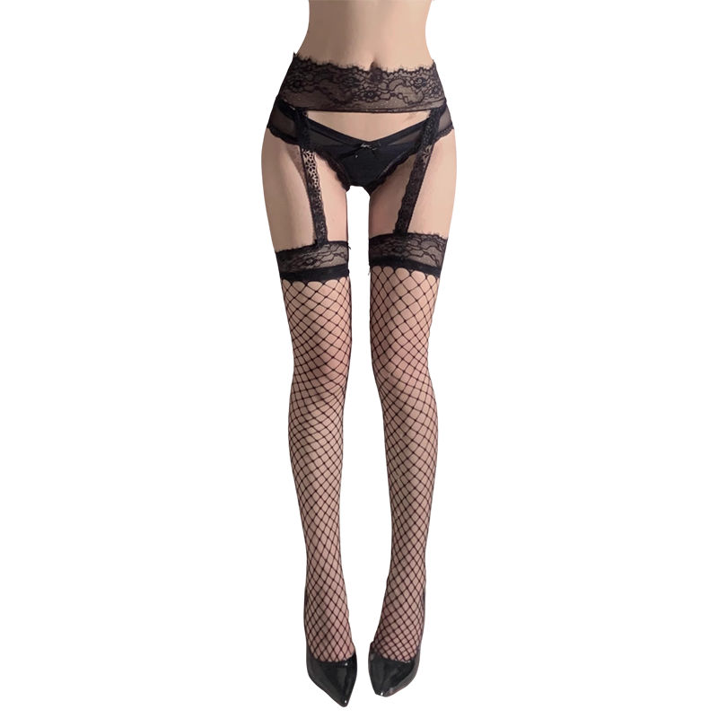 LangSha Spring Summer New Thin Mesh Lace Trim Sexy Pure Desire JK Suspender Fishnet Stockings