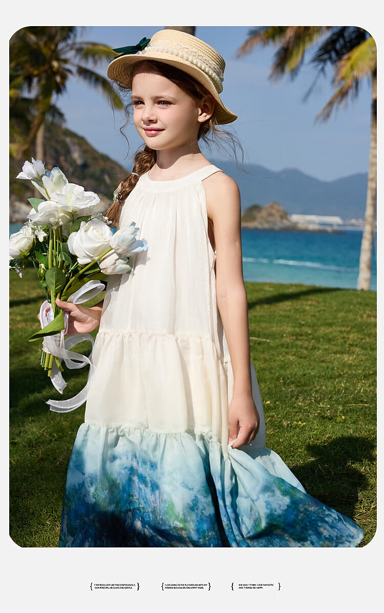 ASK JUNIOR Children's Summer Ink Wash Tie-Dye Dress Girls Vacation Style Spaghetti Strap Princess Dress 15