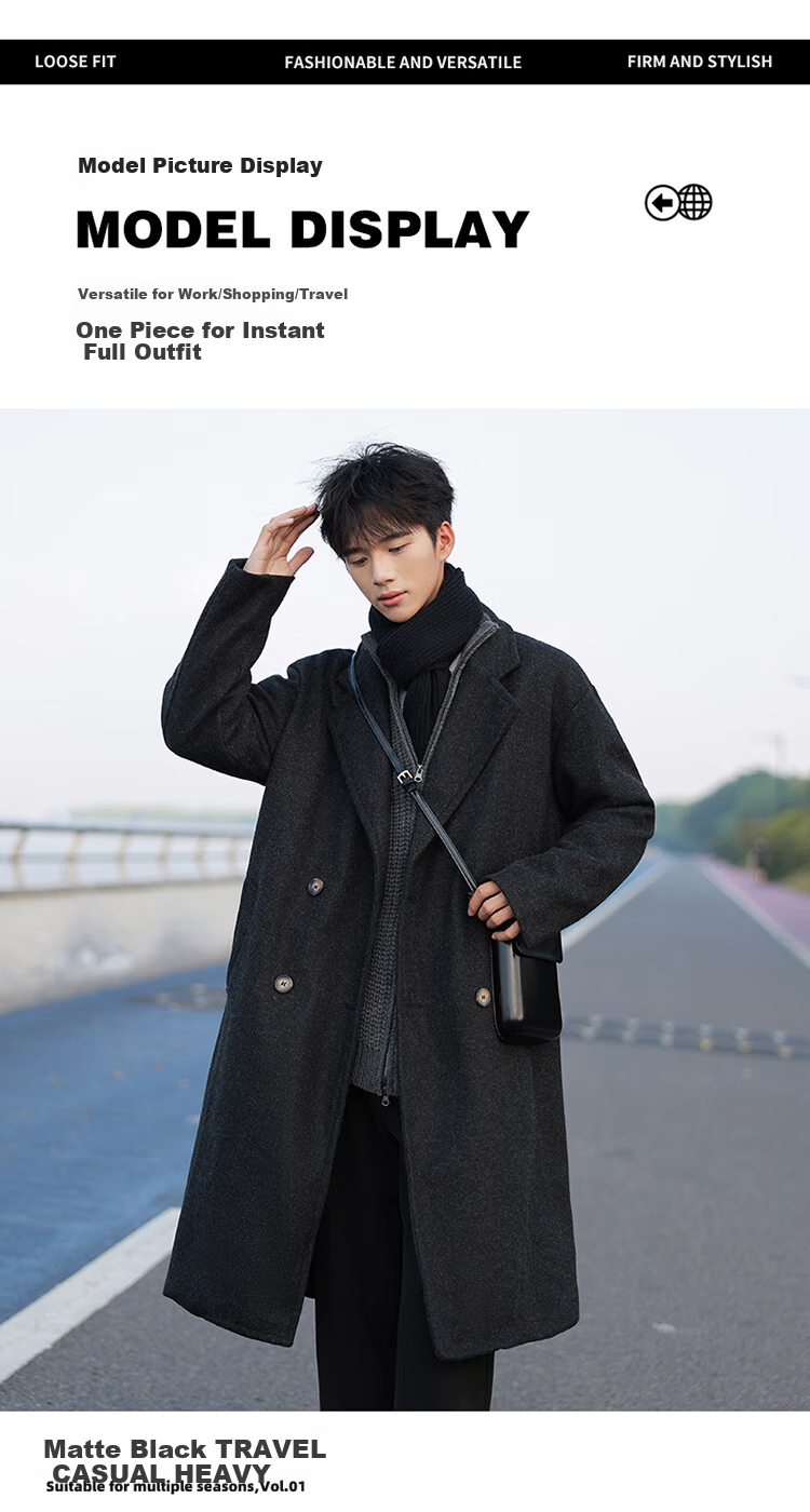 Dingfengbaoluo Korean-Style Wool Coat for Men, Winter Mid-Length Thickened Overcoat, High-End Double-Breasted HK09 Matte Black L 4