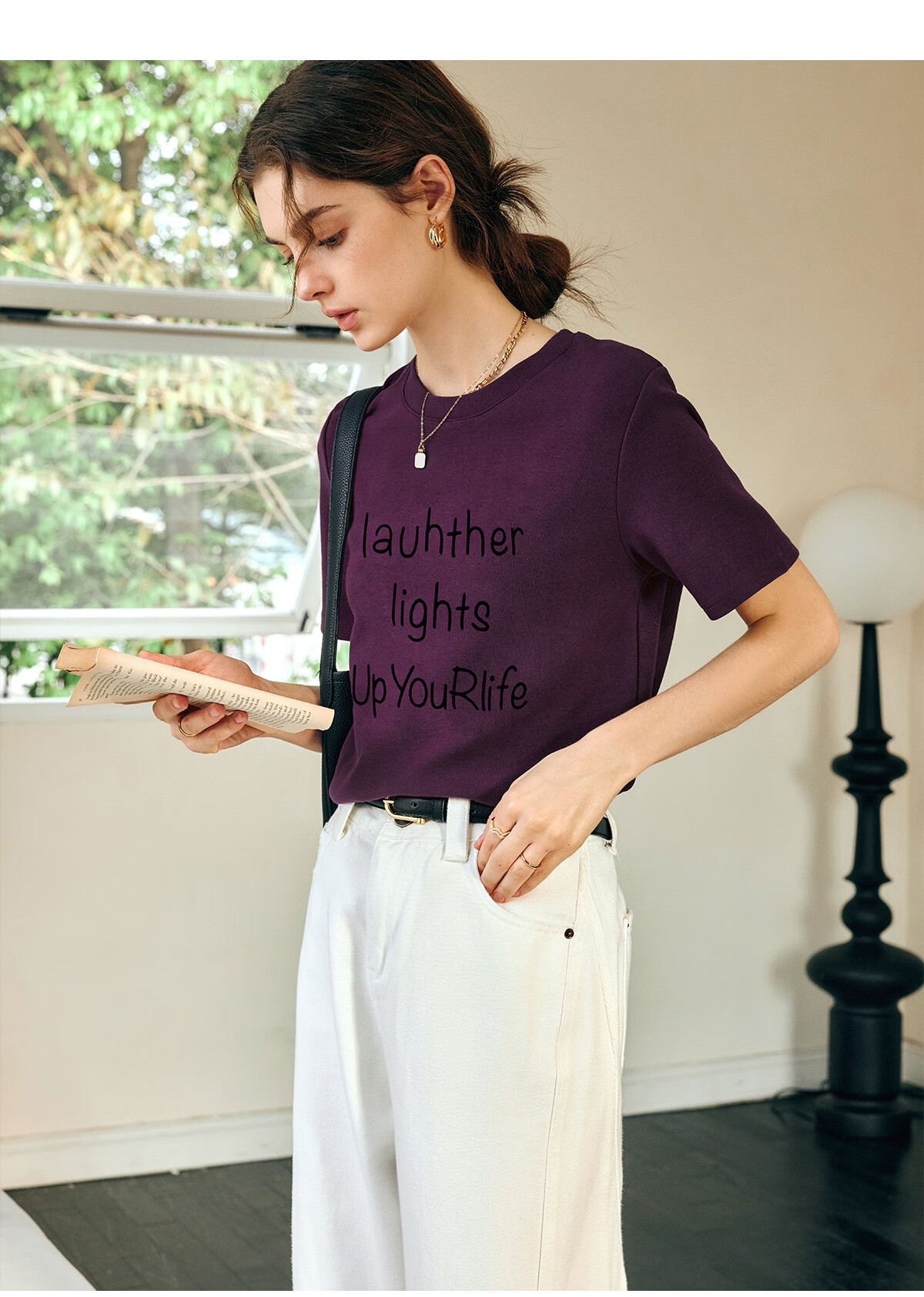 Oulain Letter Print Short-Sleeve T-Shirt, Women's Versatile Loose Casual Round Neck Top, Purple, S 25
