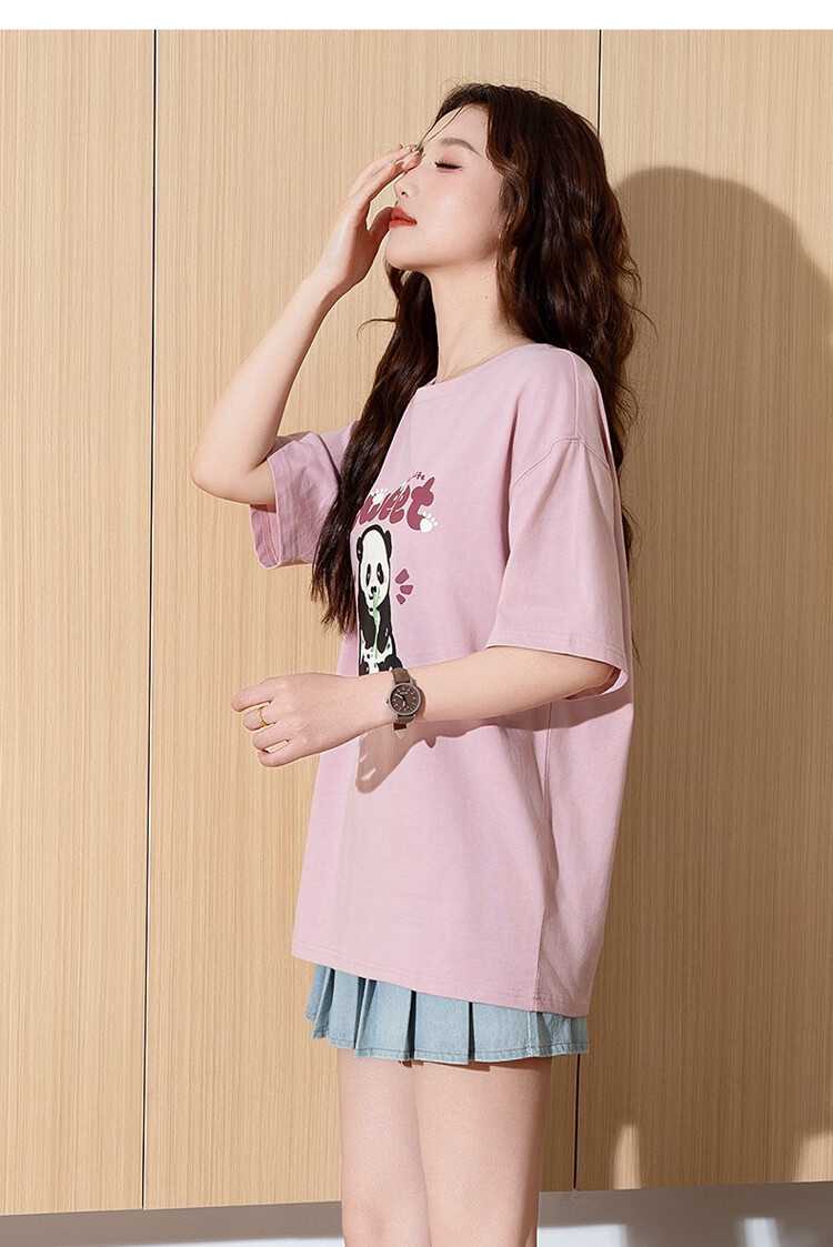 TonLion 2025 Summer Women's Knitted Front Chest Cartoon Panda Short-Sleeve T-Shirt, Apricot Color, Size L 6