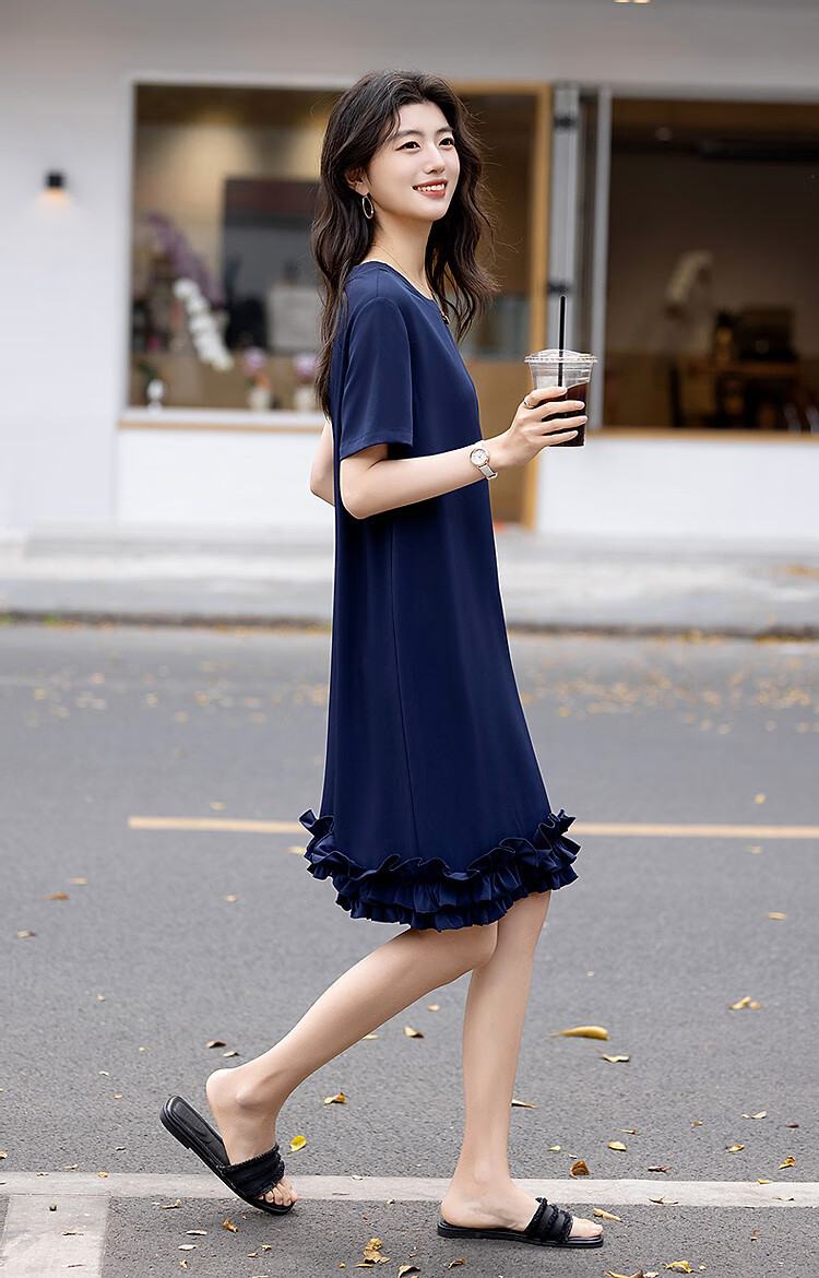 Dme [Tianren Gentle Styling] Summer Shiny 80D Linen Mushroom Edge A-Line Mid-Length Women's Dress 15