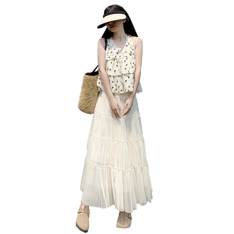 BOPRUIEY Ruffled Mesh Pleated Three-Layer Skirt Spring Summer High Waist Draped Flowy Fairy Long Dress Slimming Cake Skirt for Women