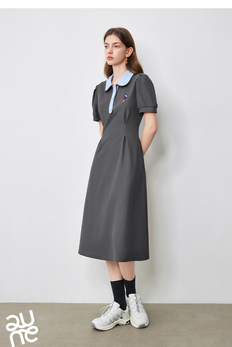 Chuyu Polo Collar Dress with Waist-Cinching Slimming Effect for Women, New Summer 2025 A-Line Short-Sleeve T-Shirt Midi Skirt, Gray, Size S 17