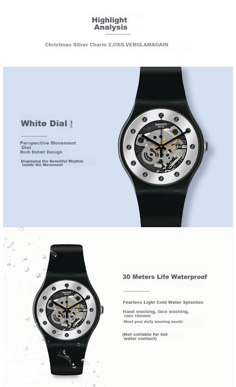 Swatch Swiss Watch, Original Series Skeleton Men's Quartz Watch, Holiday Gift, Christmas Silver Charm 2.0 2